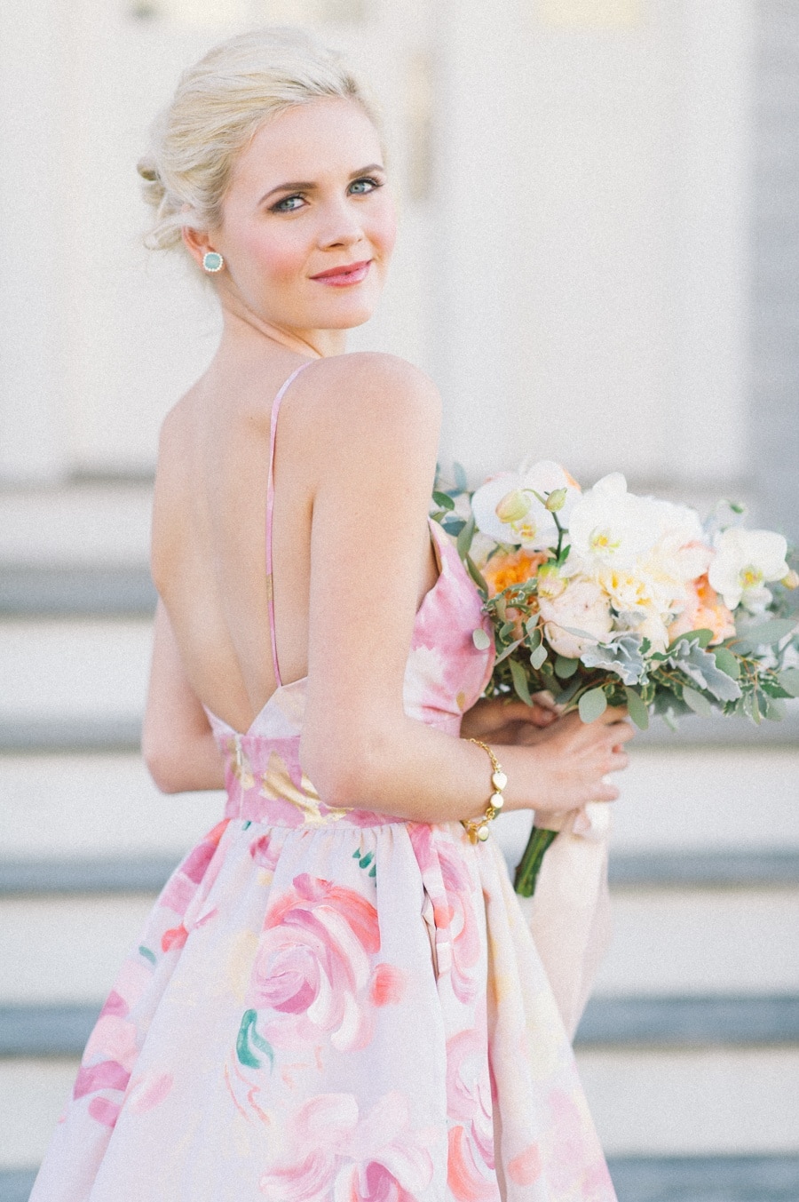 Backless Wedding Dress in Pink and Fuschia Floral Print | Kat Harris Photography | https://heyweddinglady.com/playful-pink-gold-preppy-bridal-shoot/ Backless Wedding Dress in Pink and Gold Floral Print